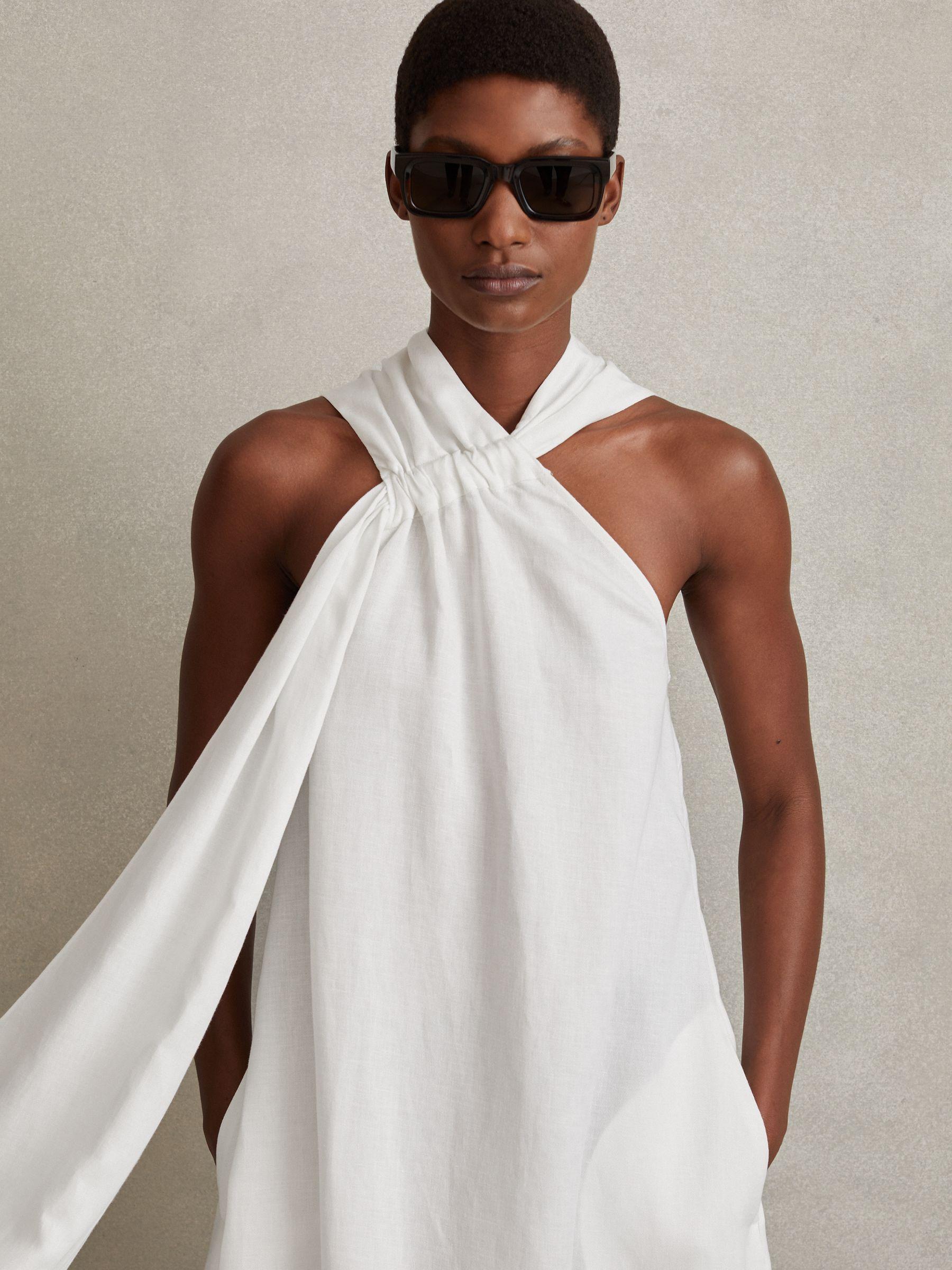 Linen Blend Drape Midi Dress in White Product Image