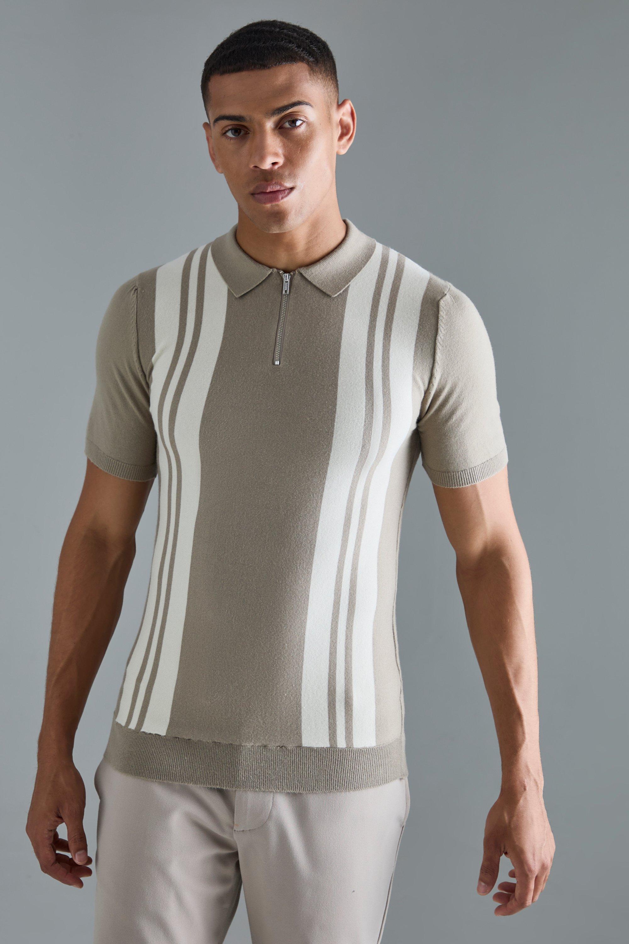 Mens Beige Short Sleeve Muscle Fit Stripe Knit Polo, Beige Product Image