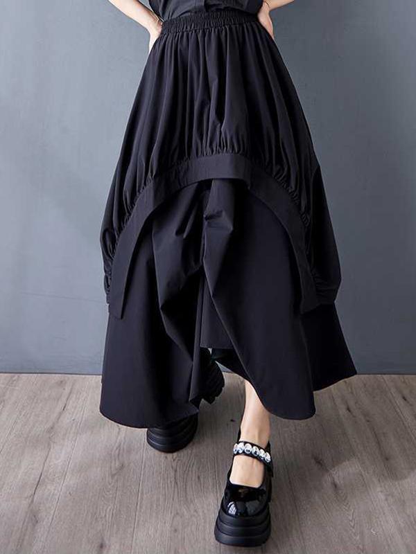 A-Line Loose Asymmetric Elasticity Pleated Pockets Solid Color Skirts Bottoms Product Image