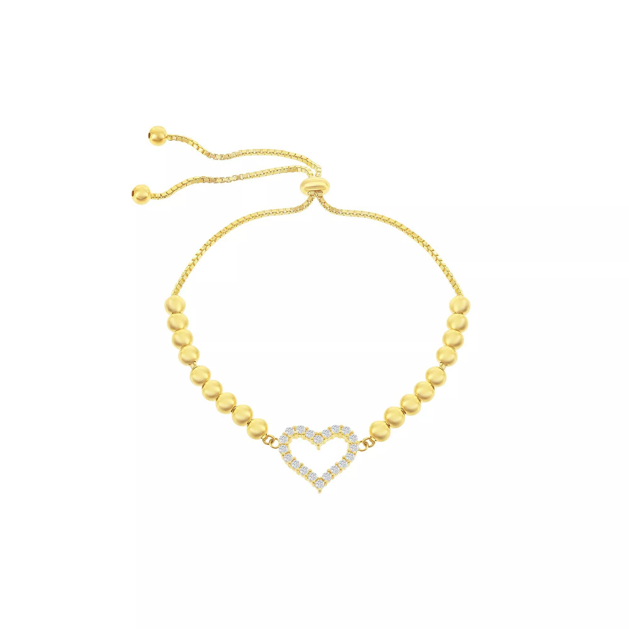 Sterling Silver Cubic Zirconia Heart Beaded Lariat Bracelet, Women's, Size: 5-9" ADJ, Yellow Gold Tone Product Image