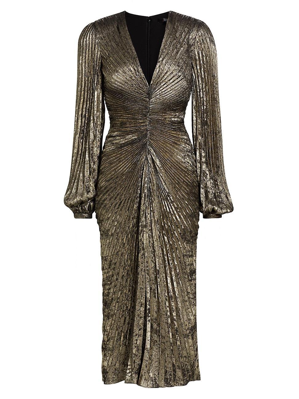 Womens Metallic Pleated V-Neck Midi-Dress Product Image