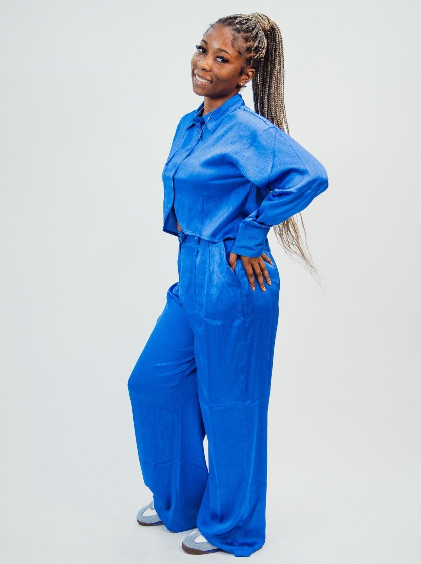 Native Youth Textured Satin Wide Leg Trousers - Blue Product Image