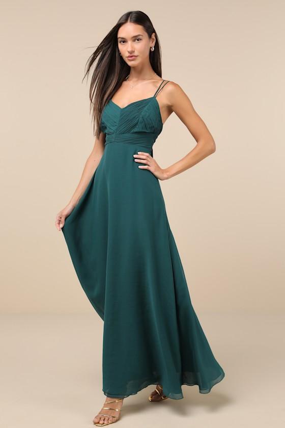 Admirable Grace Emerald Green Chiffon Pleated Maxi Dress Product Image