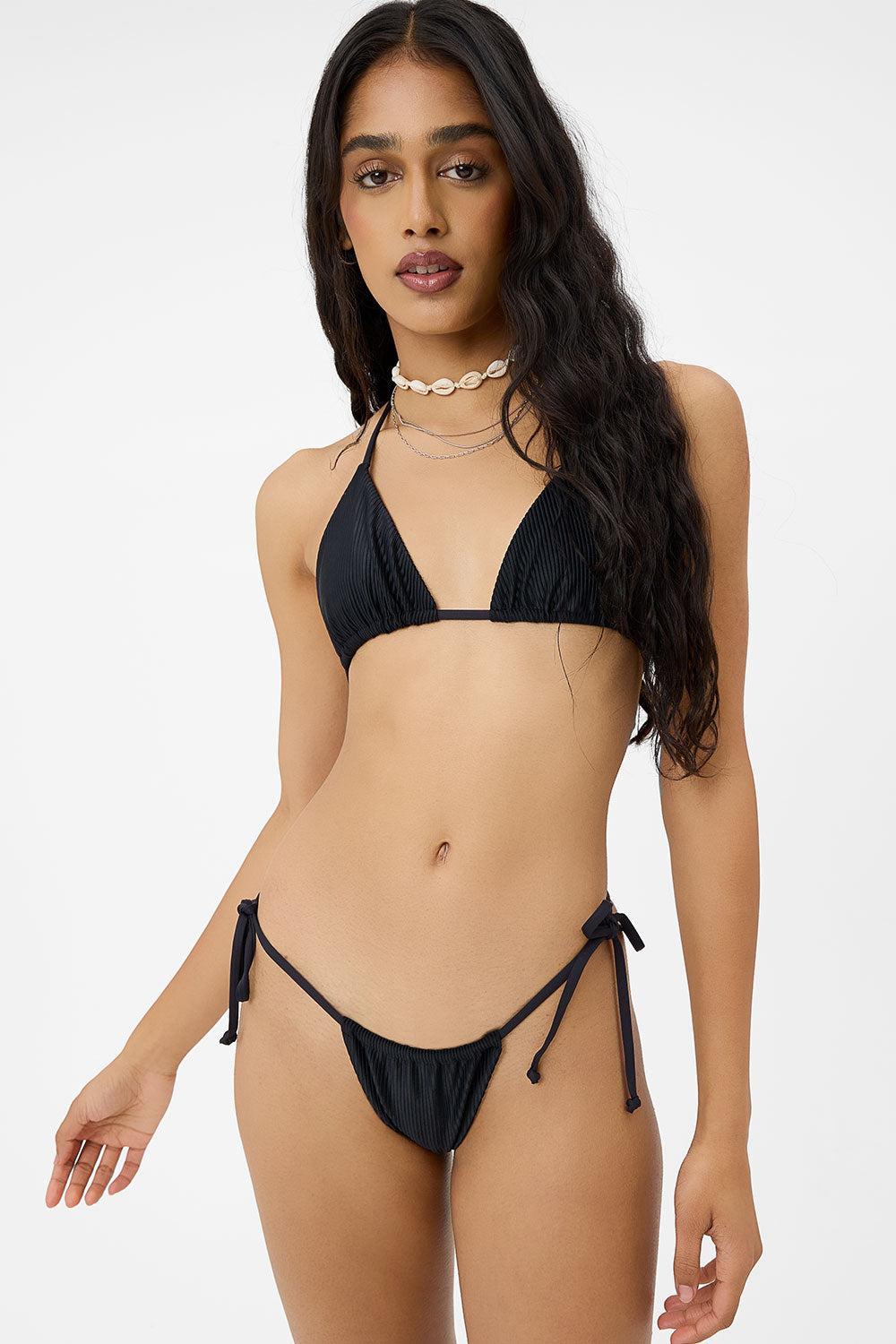 Tia Ribbed String Bikini Bottom - Black Product Image