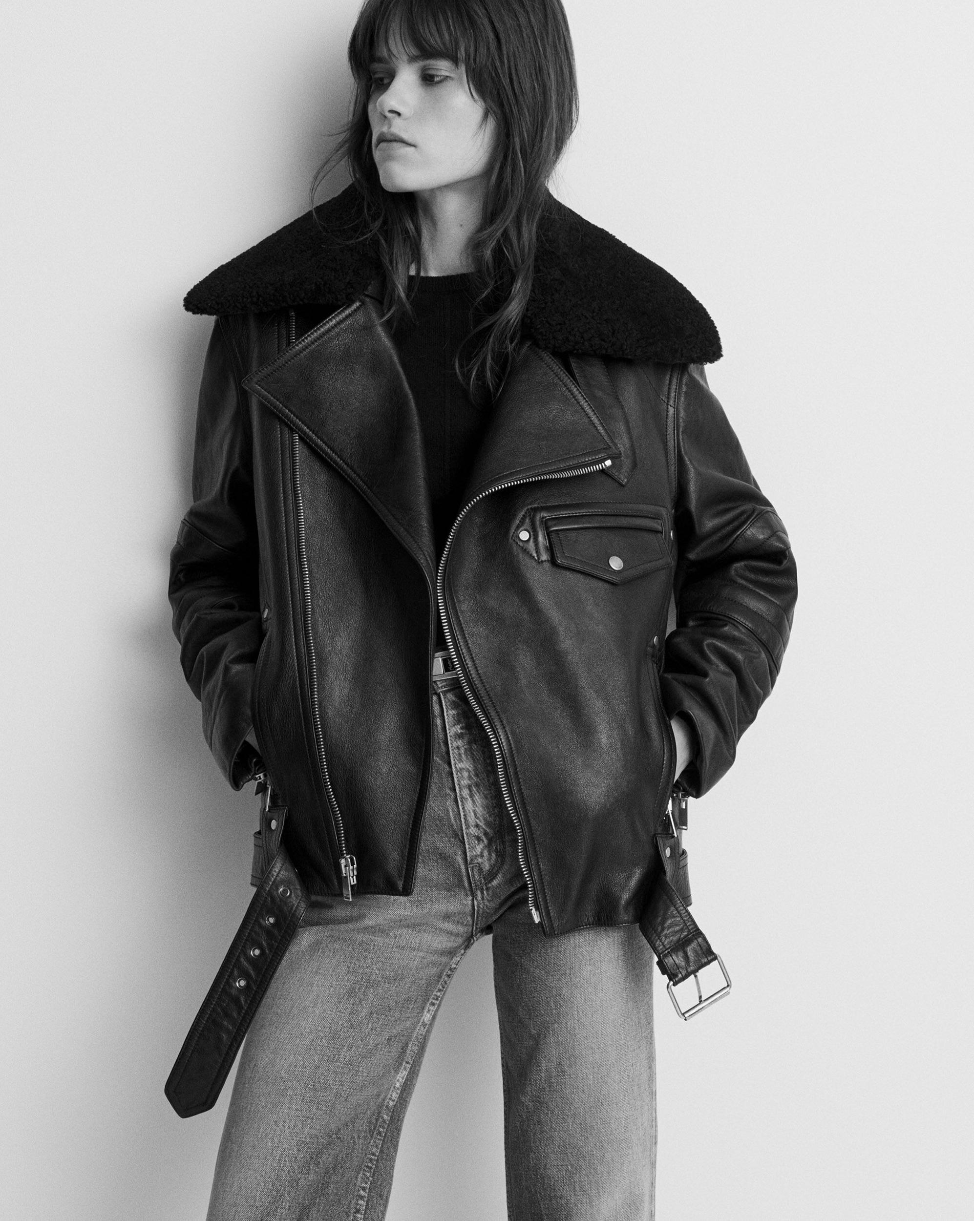 biker jacket in vintage leather and shearling Product Image