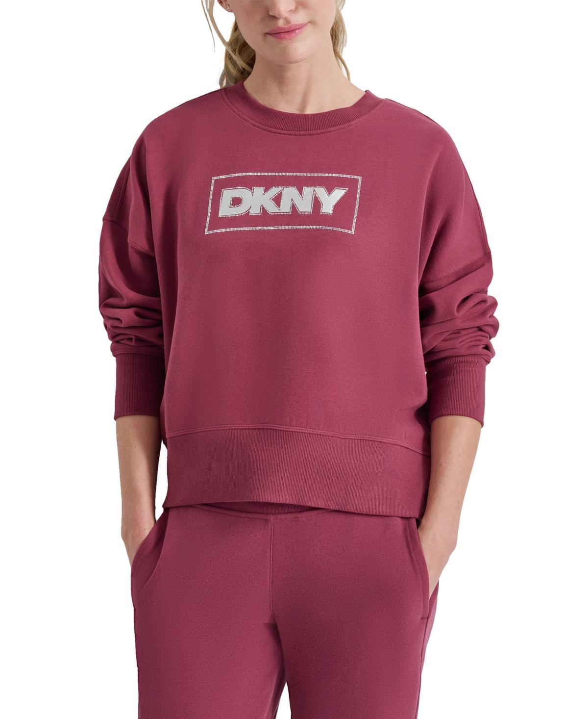 Dkny Sport Womens Rhinestone Crewneck Fleece Sweatshirt - Black Product Image