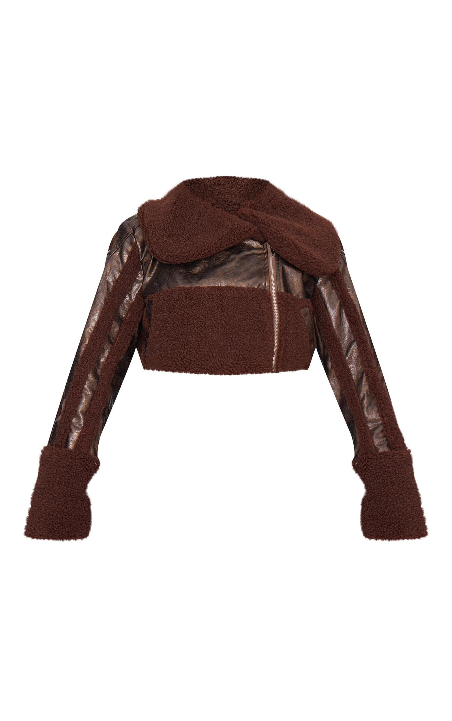 Chocolate Borg Trim Textured Look Faux Leather Aviator Jacket Product Image