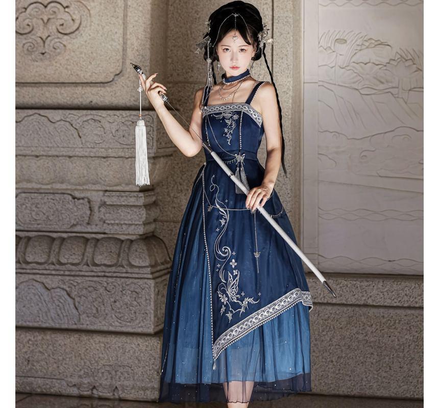 Spaghetti Strap Embroidered Hanfu Midi A-Line Dress / Light Cape / Set Product Image