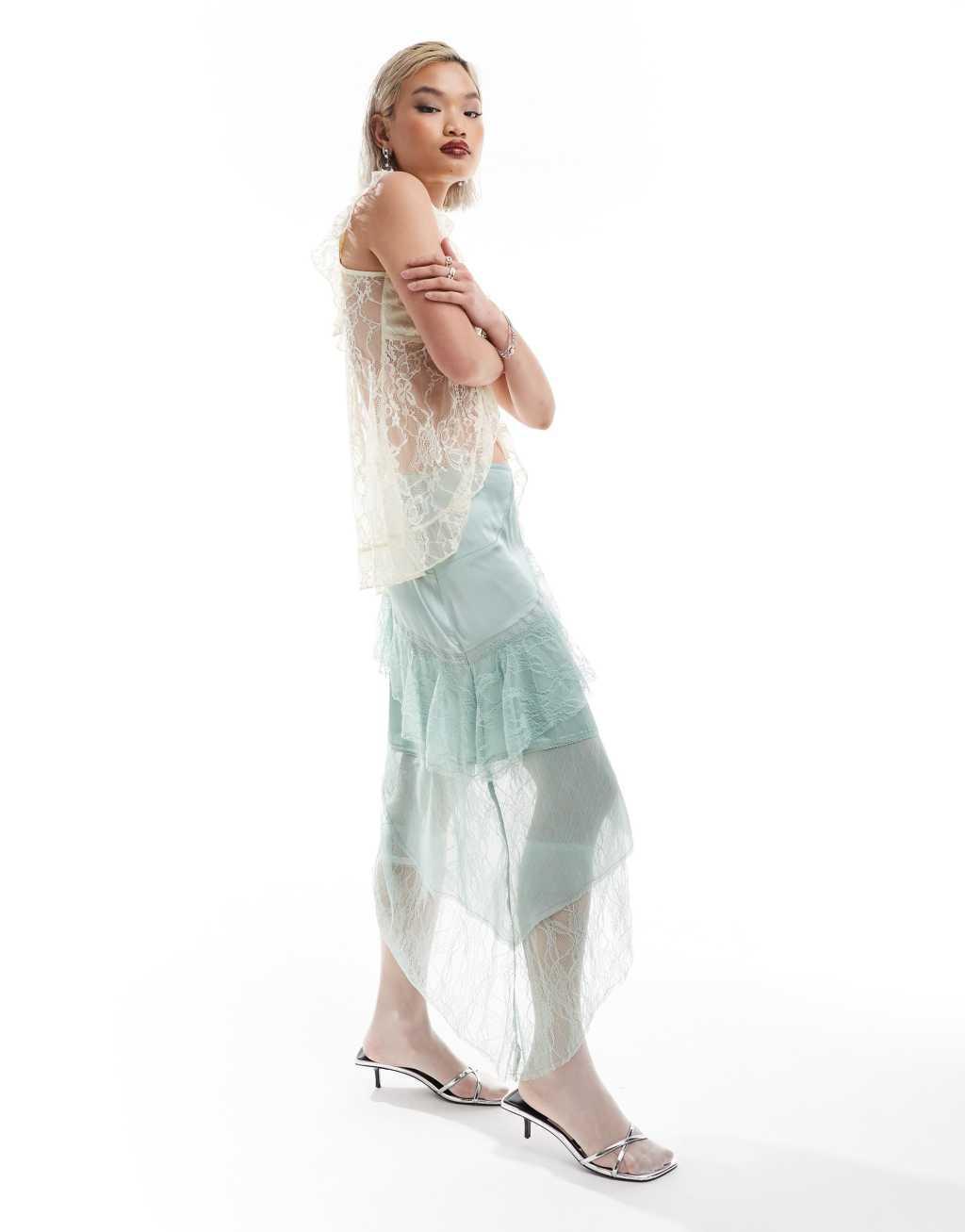 Reclaimed Vintage limited edition midi slip skirt with lace and frill details in mint green Product Image