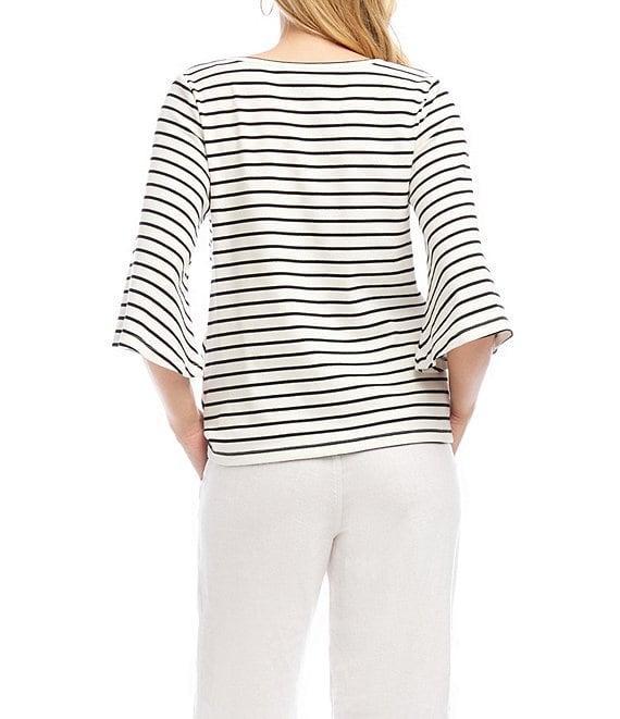 Karen Kane Stripe Crew Neck 3/4 Flare Sleeve Twist Front Top Product Image