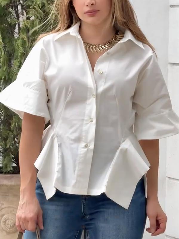 Half Sleeves Loose Buttoned Solid Color Lapel Blouses&Shirts Tops Product Image