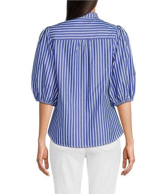 Calessa Petite Size Embroidered Stripe High Ruffle Split V-Neck Elbow Sleeve Button Front Tunic Product Image