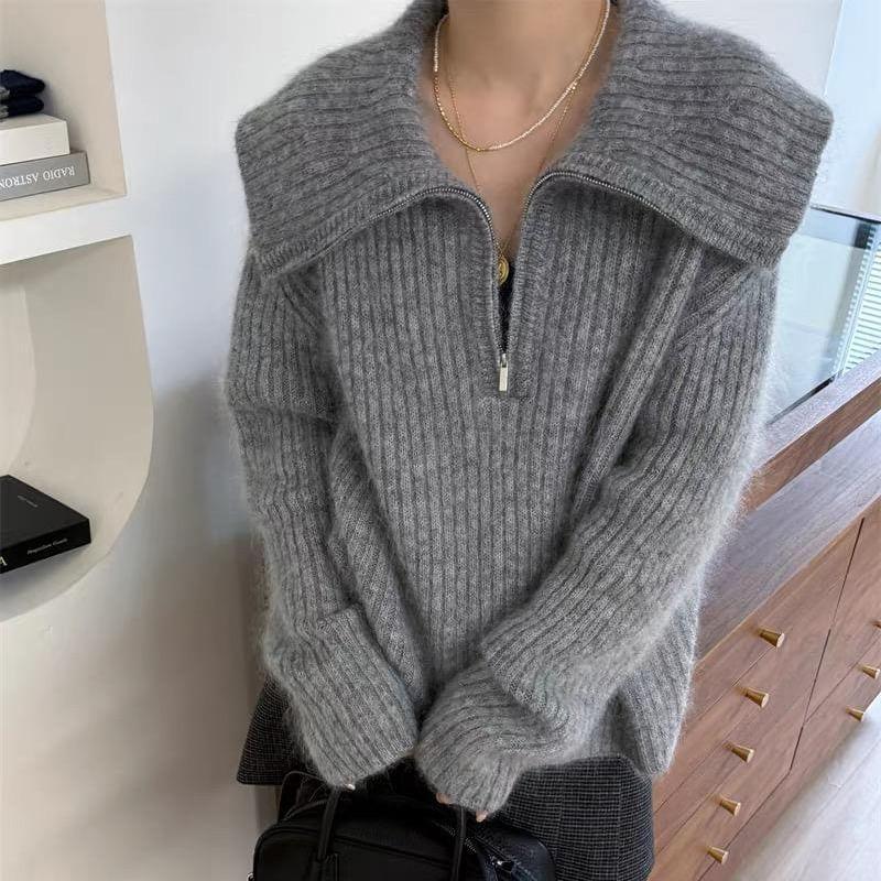 Long Sleeve Half-Zip Plain Loose-Fit Sweater Product Image