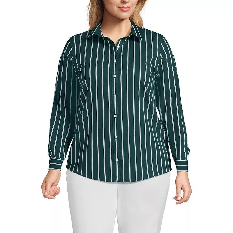 Plus Size Lands End Wrinkle-Free No Iron Button-Front Shirt, Womens Green Wide Stripe Product Image