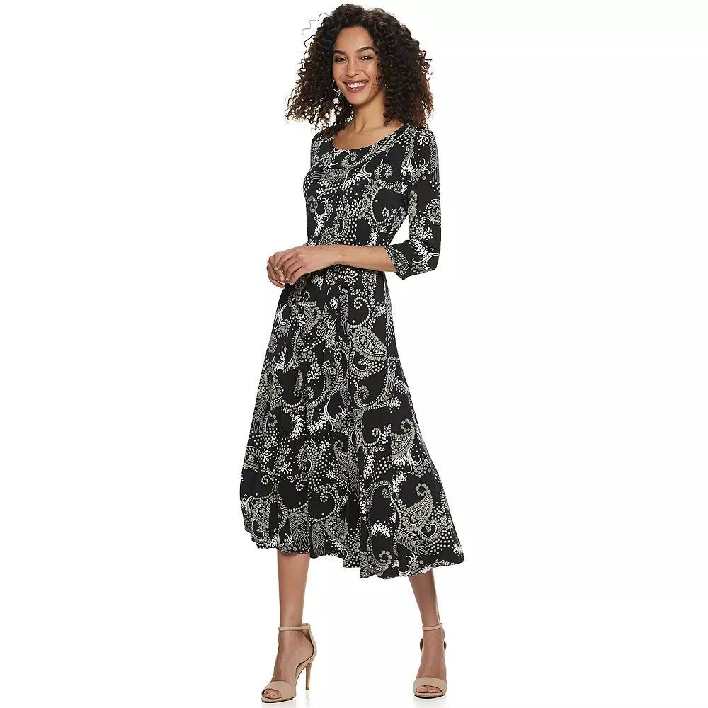 Women's Nina Leonard Belted 3/4 Sleeve Print Midi Dress, Size: Large, Beige Paisley Product Image