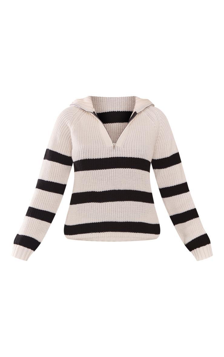 Cream Zip Up Stripes Knit Sweater Product Image