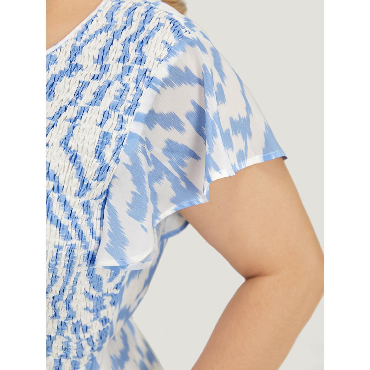 Plus Size Water Ripple Shirred Ruffle Sleeve Pocket Belt Dress LightBlue Women Elegant Contrast Round Neck Short sleeve Curvy Midi Dress BloomChic 22-24/3X Product Image