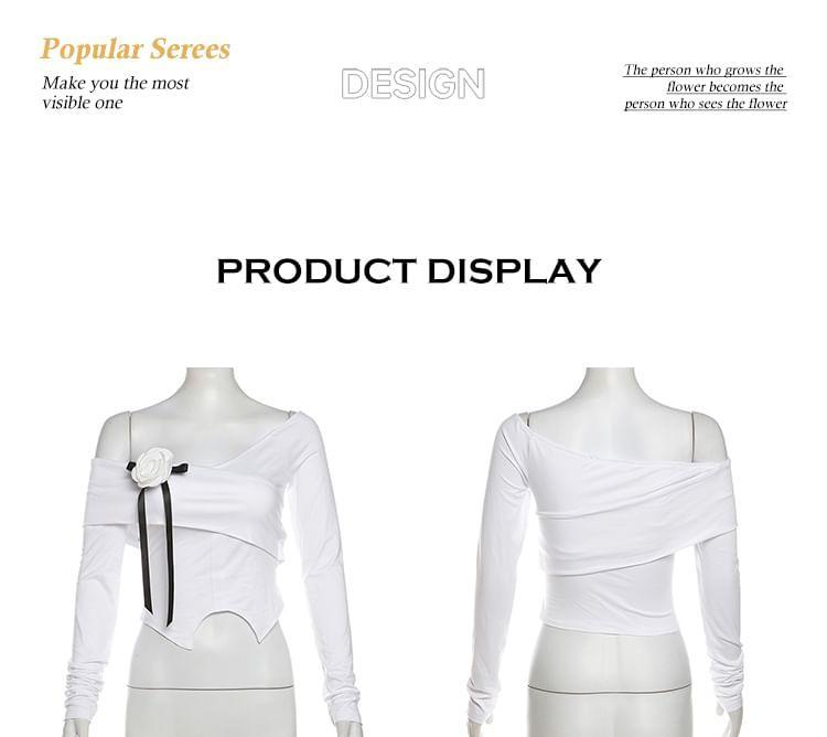 Long-Sleeve One-Shoulder Plain Flower Detail Asymmetrical Cropped Tee / Low Rise Mini A-Line Skirt Product Image