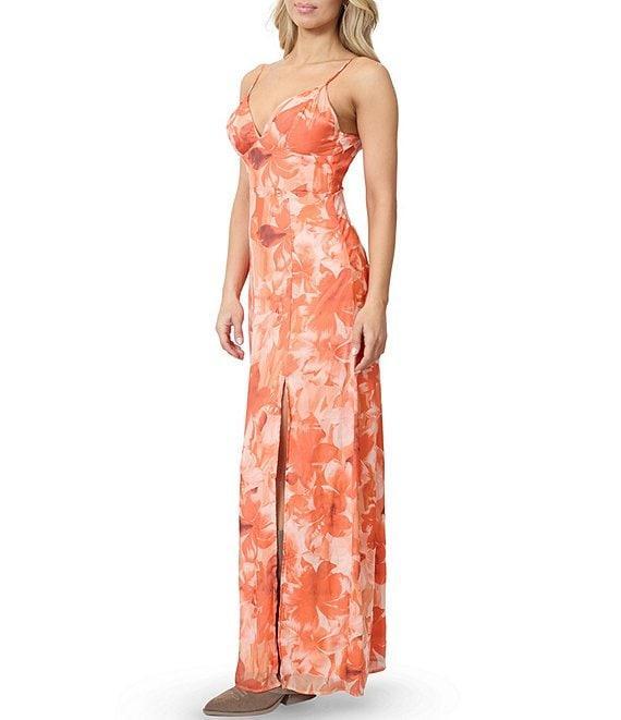 Stevie by Steve Madden Floral Printed V-Neck Lace Up Back Side Slit Maxi Dress Product Image
