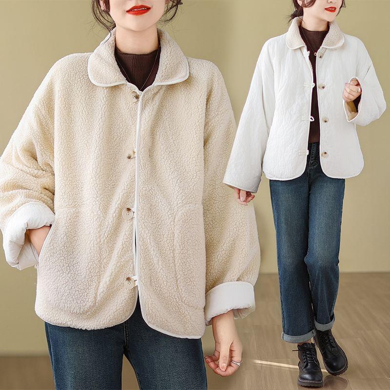 Collared Plain Fleece Lined Button Jacket Product Image