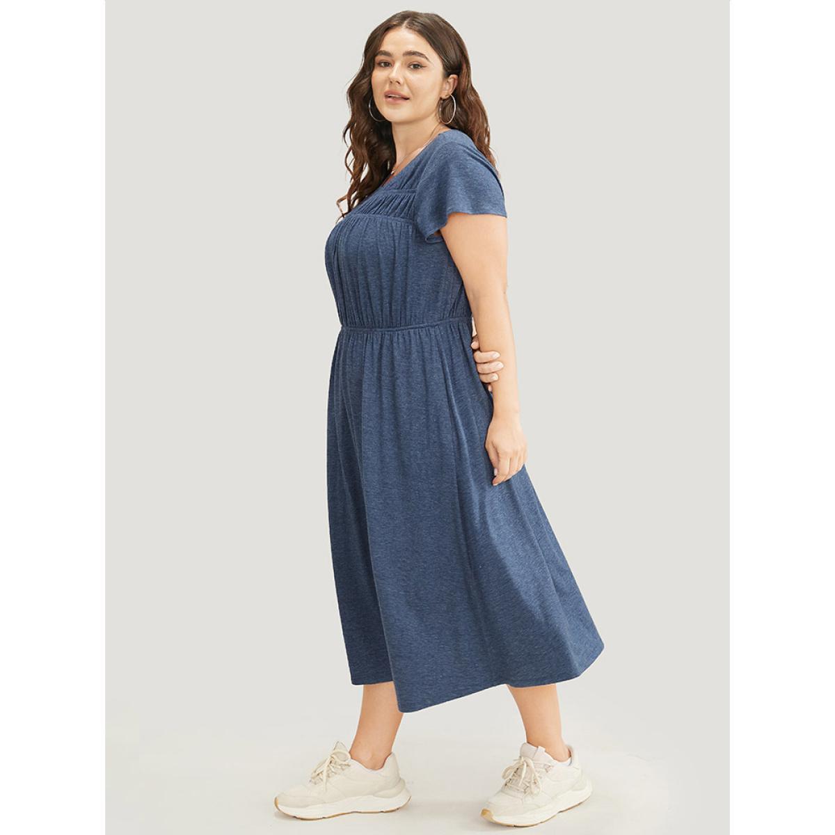 Plus Size Plain Gathered Pocket Round Neck Ruffle Sleeve Dress DarkBlue Women Office Gathered Round Neck Short sleeve Curvy Midi Dress BloomChic 18-20/2X Product Image