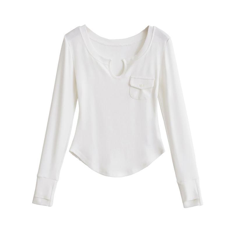 Long-Sleeve Notch Neck Plain Pocket Detail Tee Product Image