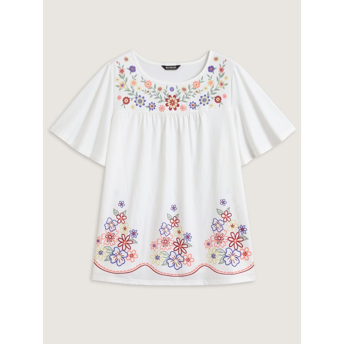 Plus Size Floral Dreams Flared Sleeve Solid T-Shirt WhiteSmoke Women Gathered Round Neck Vacation T-shirts BloomChic 28/5X Product Image