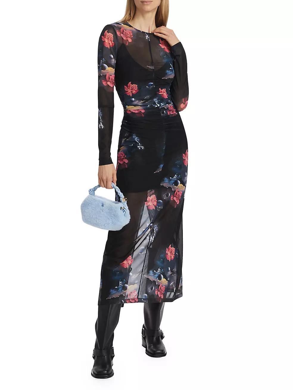 Ruched Floral Mesh Maxi Dress Product Image