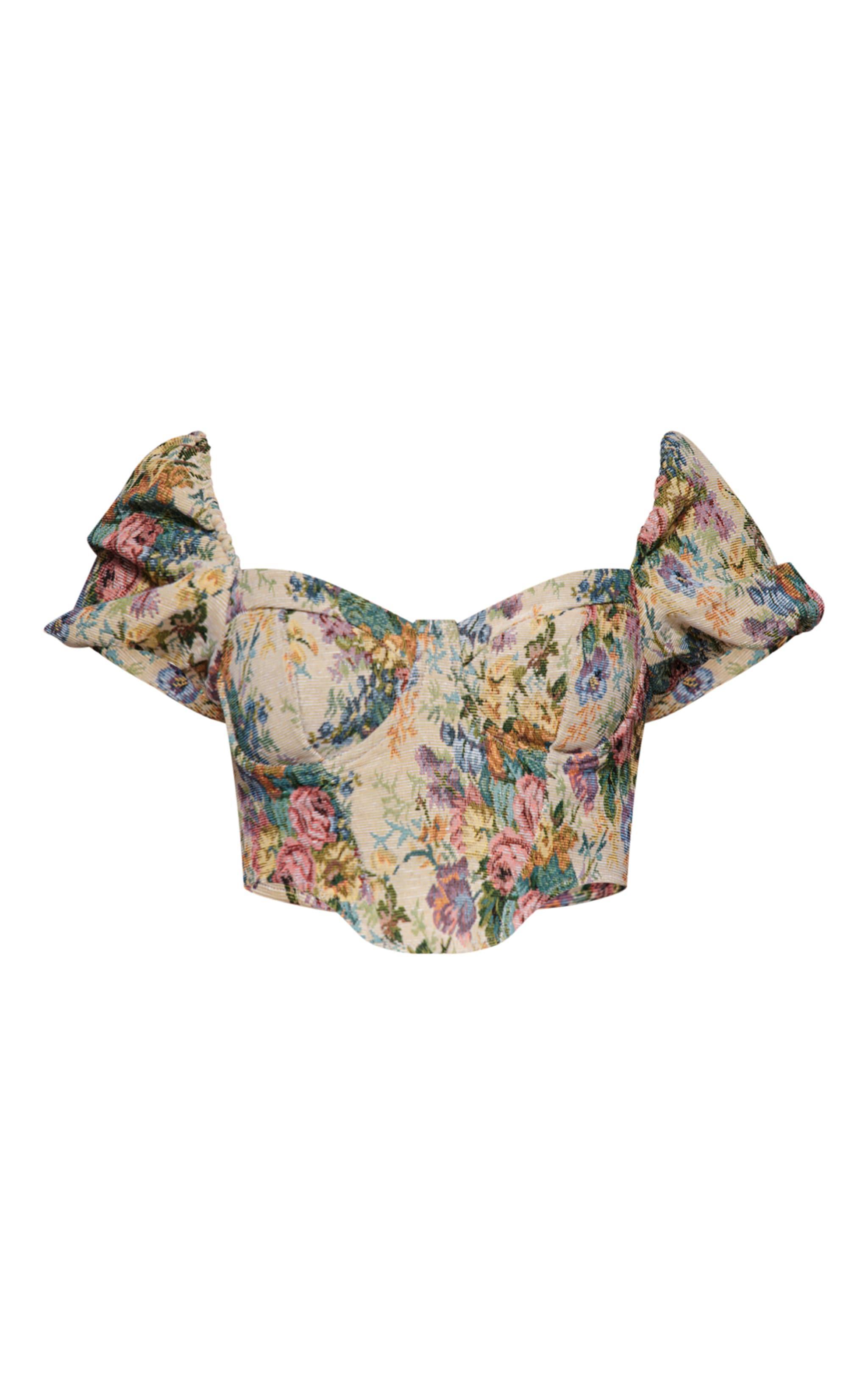 Multi Jacquard Floral Puff Sleeve Crop Top Product Image