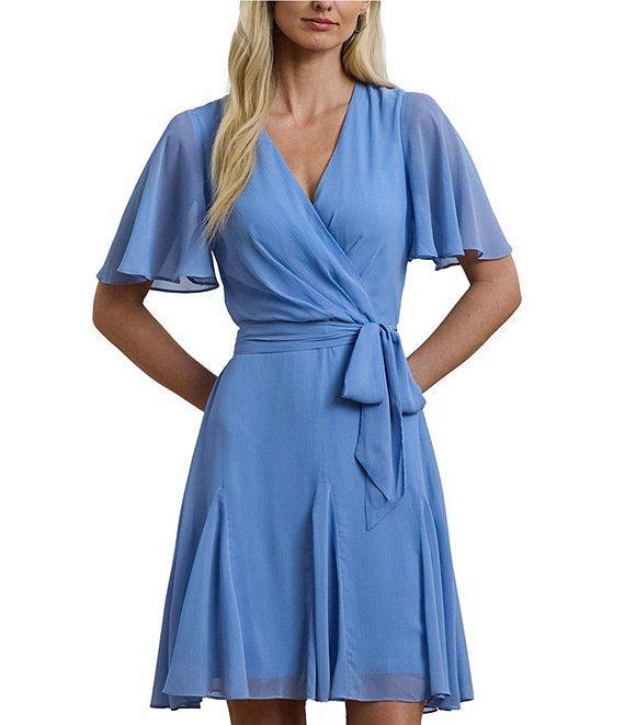 Lauren Ralph Lauren Crinkle Georgette V-Neck Short Flutter Sleeve Wrap Mini Dress Product Image