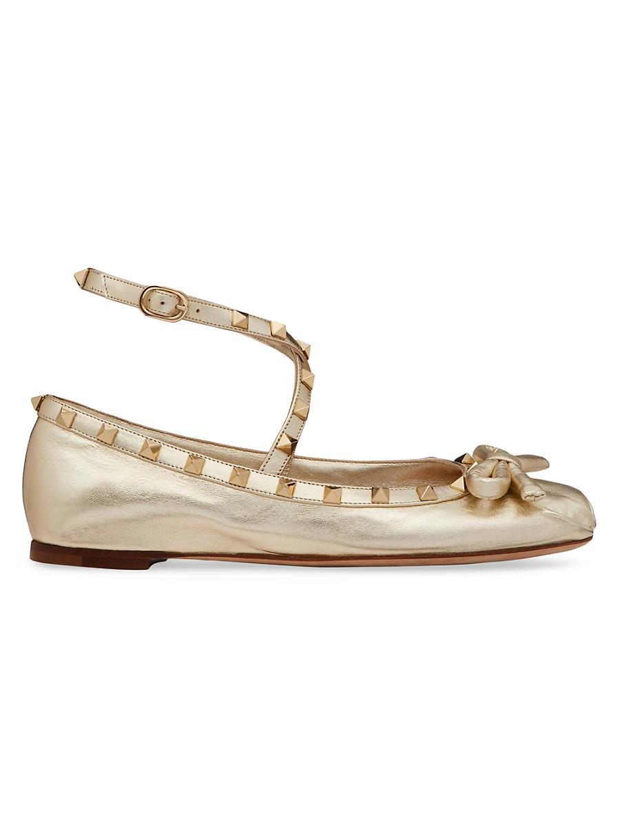 Womens Rockstud Laminated Nappa Leather Ballerina Flats Product Image