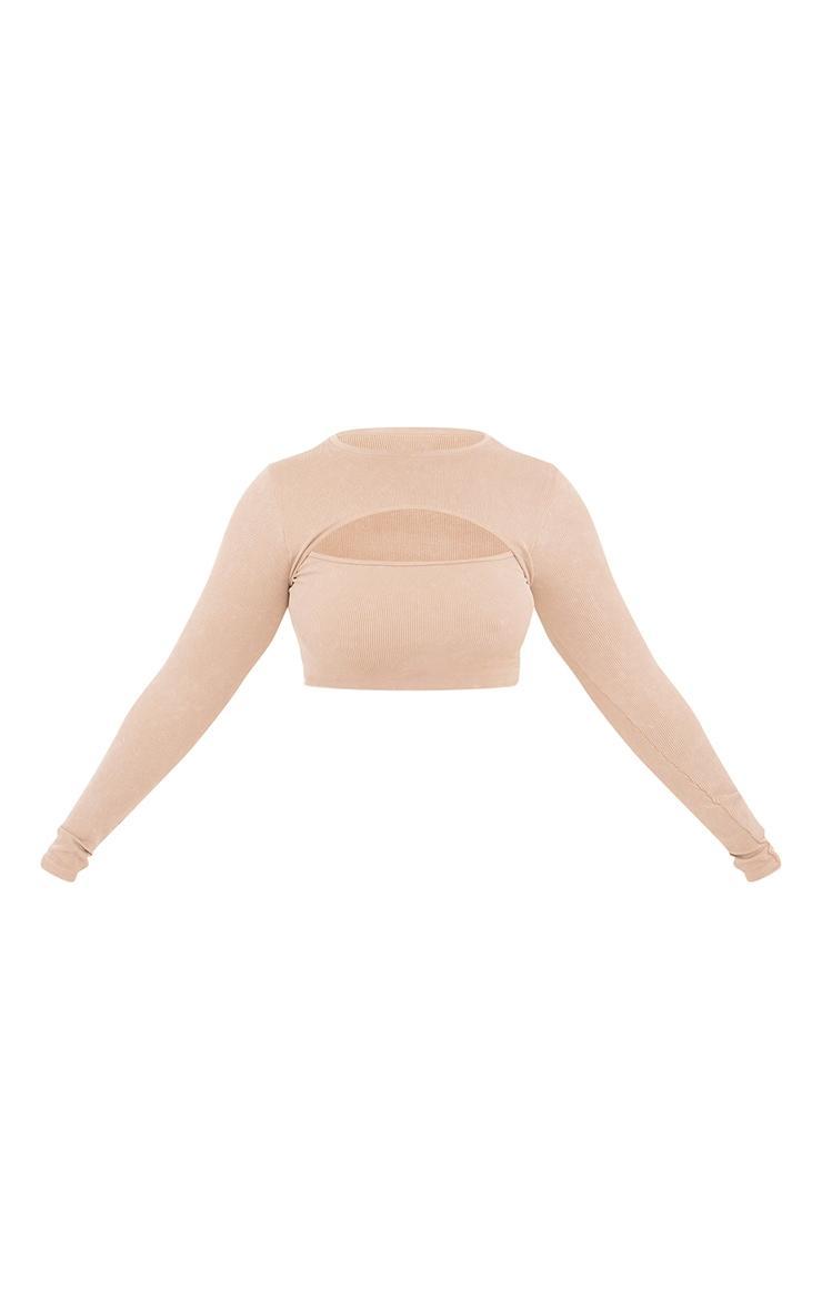 Plus Oatmeal Acid Wash Seamless Cut Out Long Sleeve Crop Top Product Image