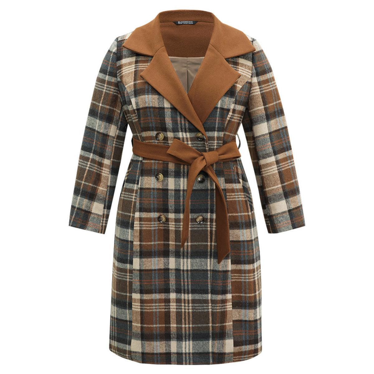 Plus Size Plaid Belted Contrast Lapel Collar Trench Coat Women Bronze Elegant Lined Ladies Dailywear Winter Coats BloomChic 14-16/1X Product Image
