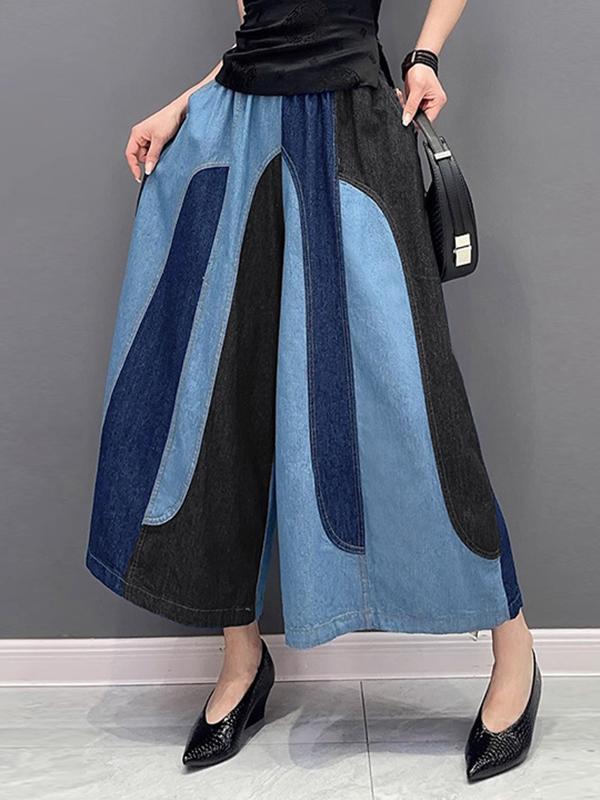 Loose Wide Leg Contrast Color Elasticity Split-Joint Jean Pants Bottoms Product Image