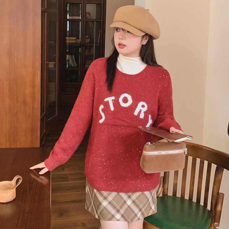 Round Neck Lettering Melange Sweater Product Image