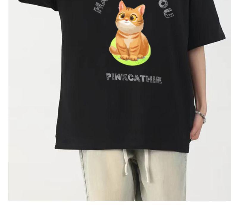 Elbow-Sleeve Crewneck Cat Print Tee Product Image