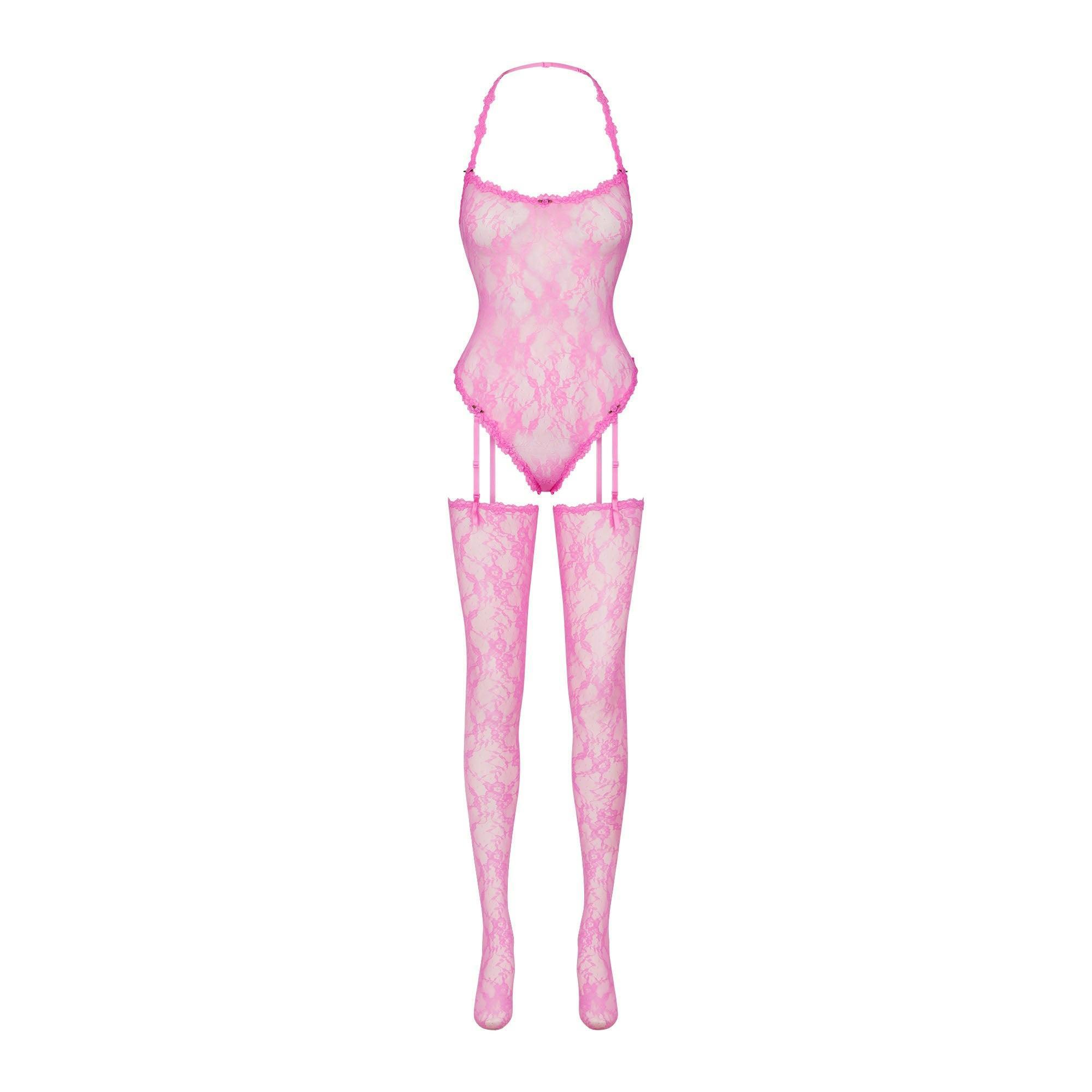 STRETCH LACE BODYSUIT AND STOCKINGS SET | SUGAR PINK Product Image