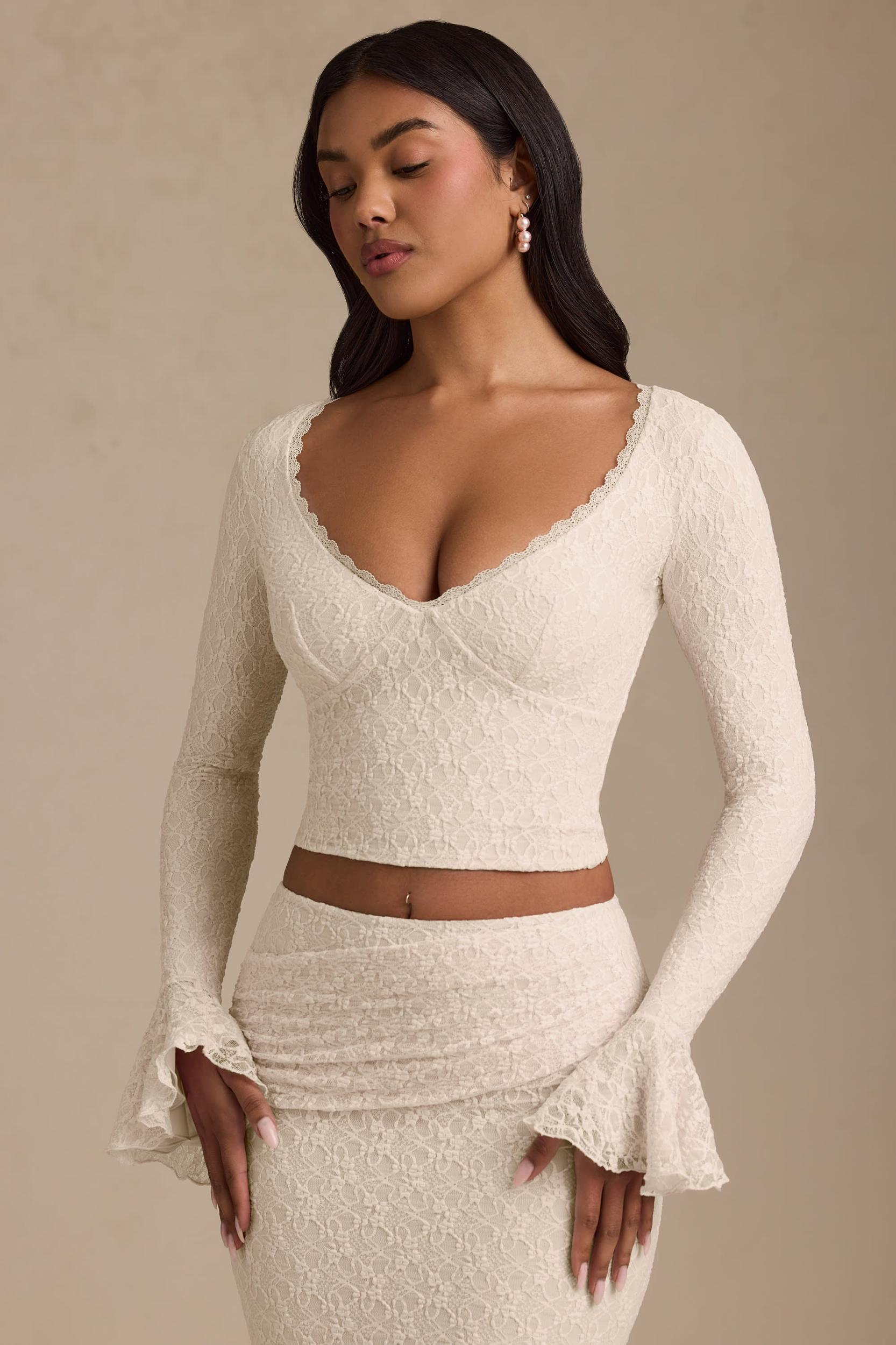 Ruffle Long-Sleeve Lace Top in Ivory Product Image