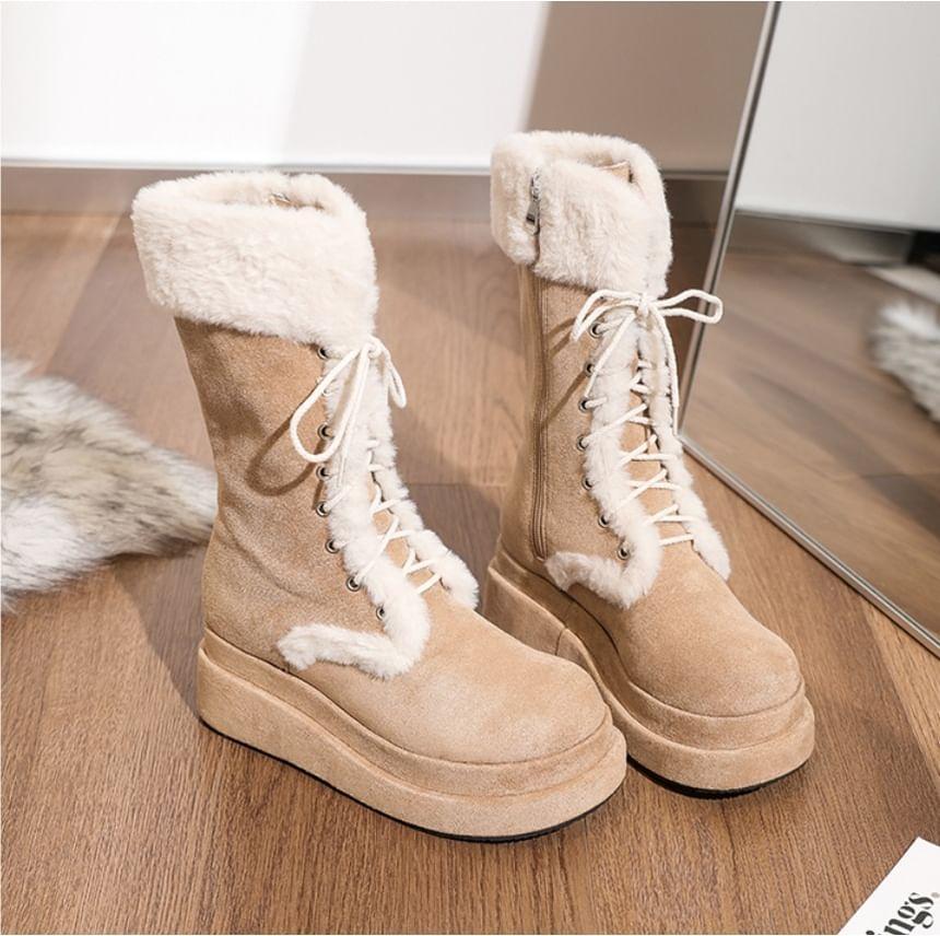 Lace-Up Fleece-Lined Platform Mid-Calf Boots Product Image