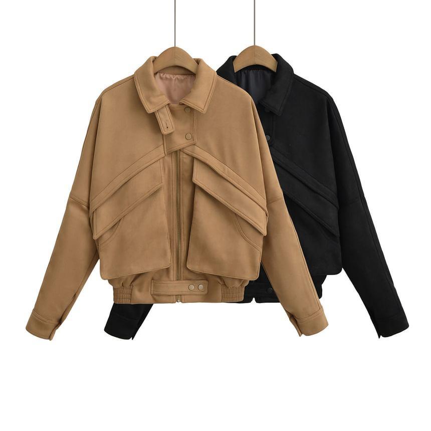 Plain Asymmetrical Faux Suede Zip Jacket Product Image