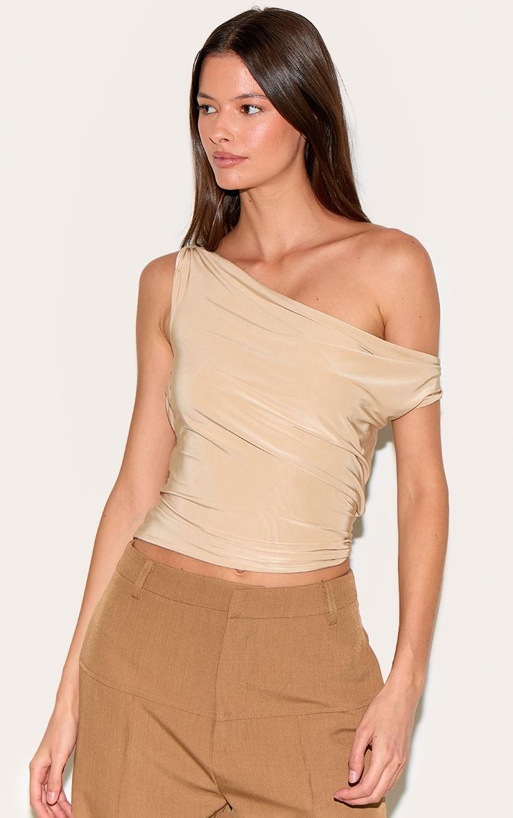 Sand Double Layer Slinky Twist Arm Cowl Long Top Product Image