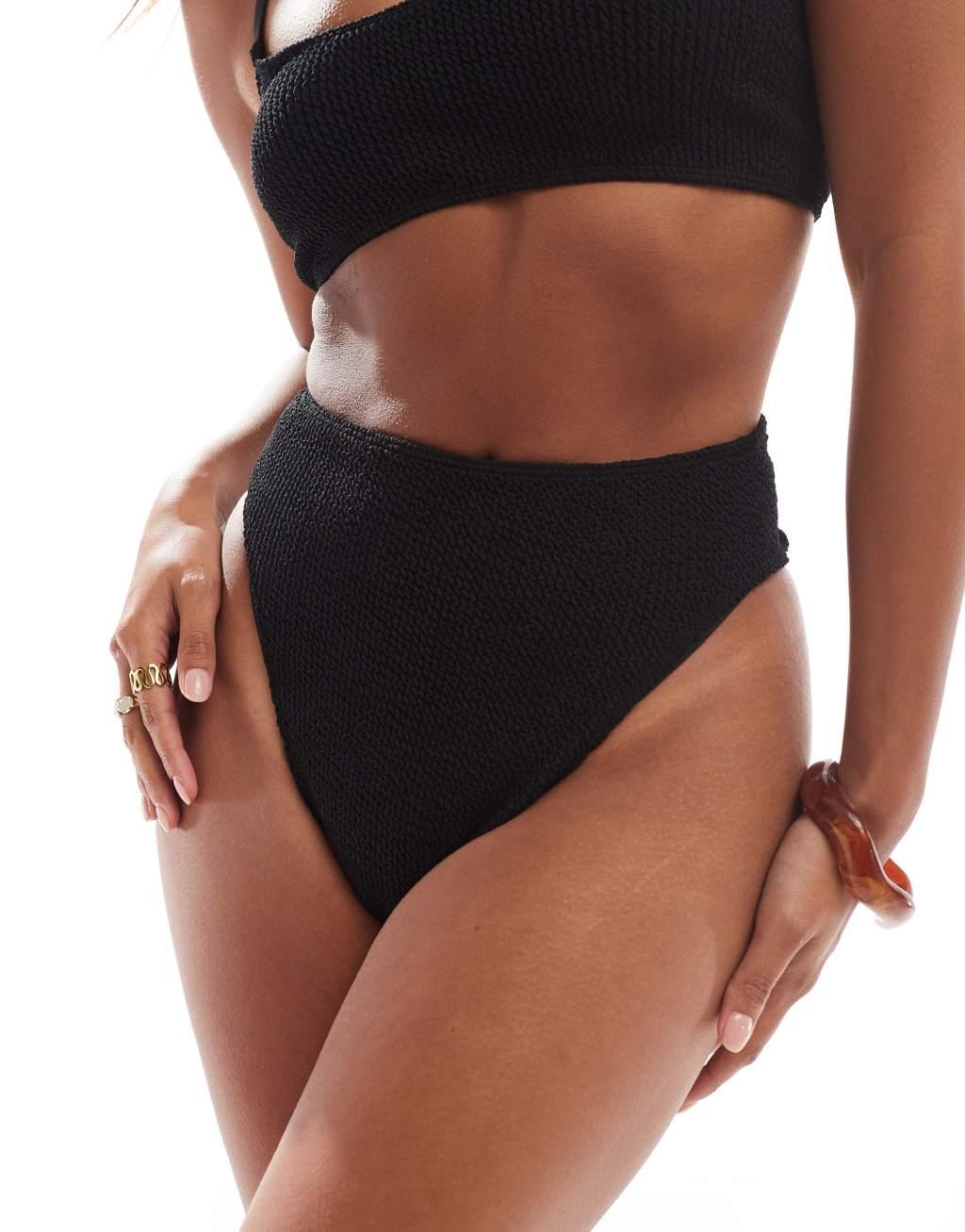 ASOS DESIGN Petite Amy mix and match crinkle high leg high waist bikini bottoms in black Product Image