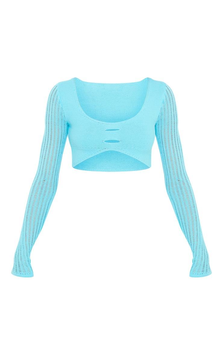 Tall Blue Knitted Long Sleeve Crop Top Product Image