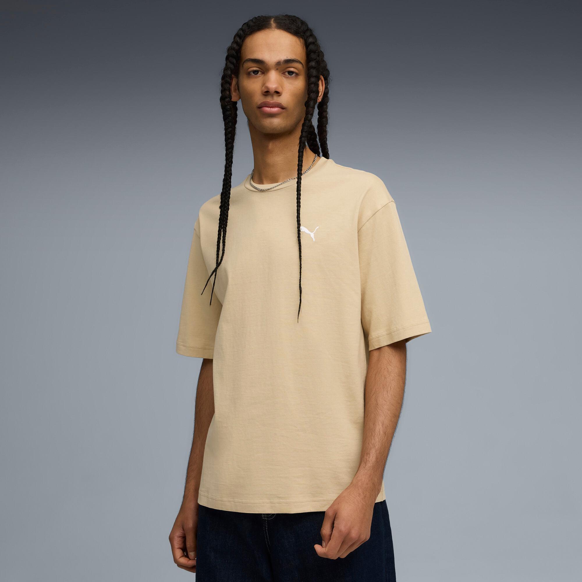 PUMA WARDROBE ESSENTIALS Men's Boxy T-Shirt in Beige Product Image