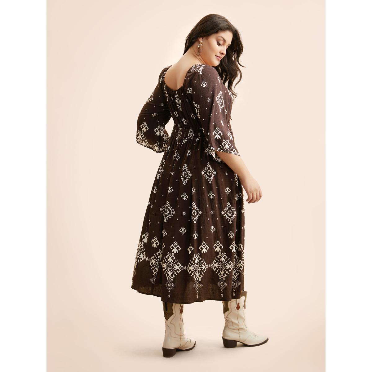 Plus Size Boho Print Square Neck Shirred Dress DarkBrown Women Resort Shirred Square Neck Elbow-length sleeve Curvy BloomChic 28/5X Product Image