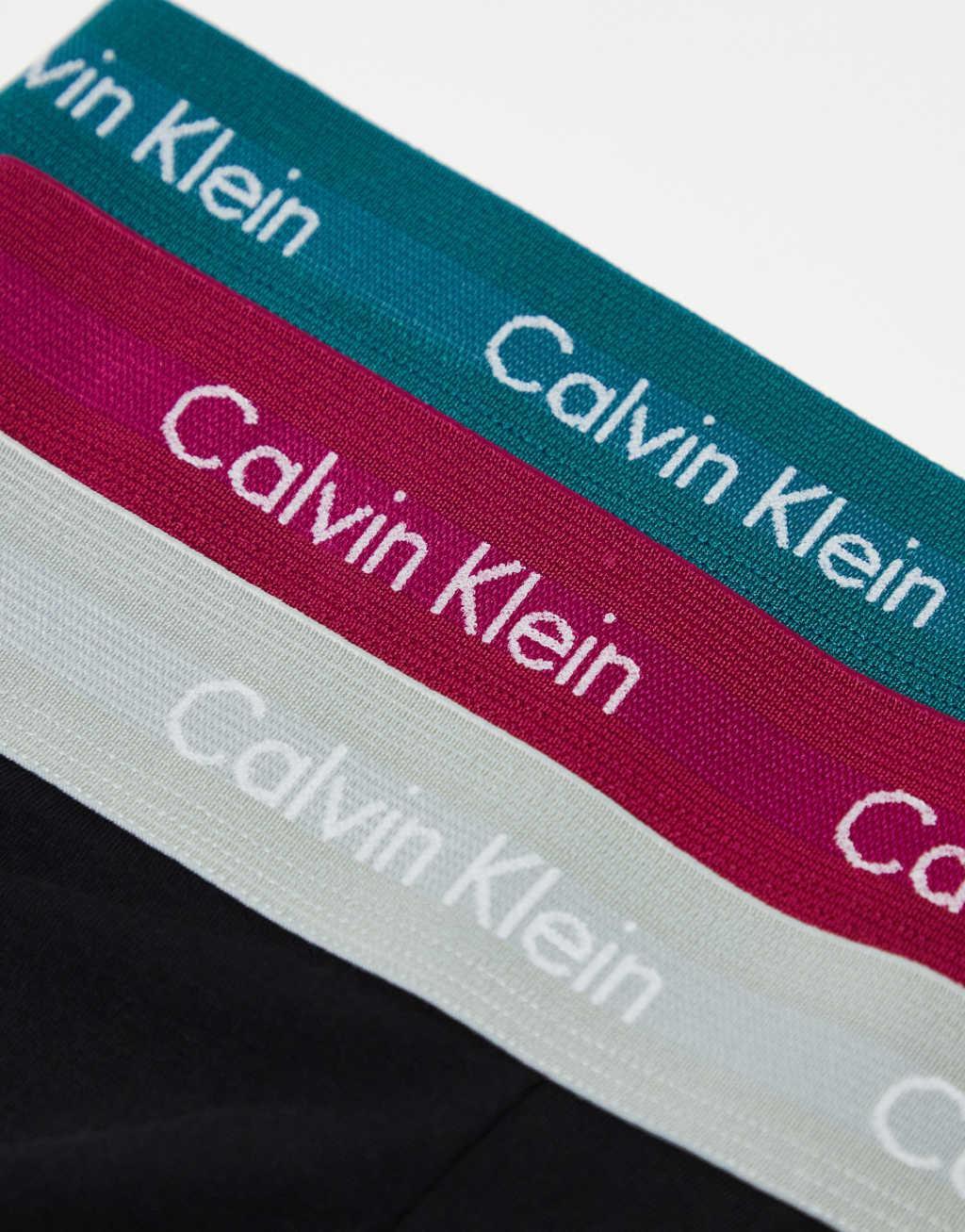 Calvin Klein low rise cotton stretch trunks 3 pack in black with colored waistband Product Image