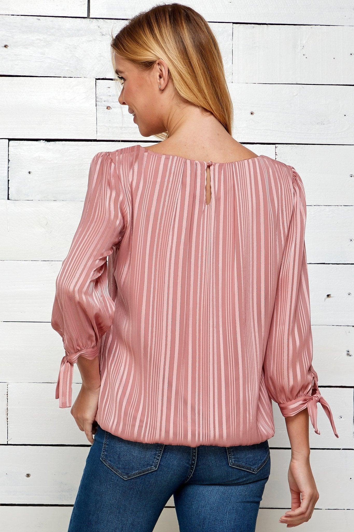 Roz & Ali 3/4 Length Tie Sleeve Pink Stripe Bubble Blouse Product Image