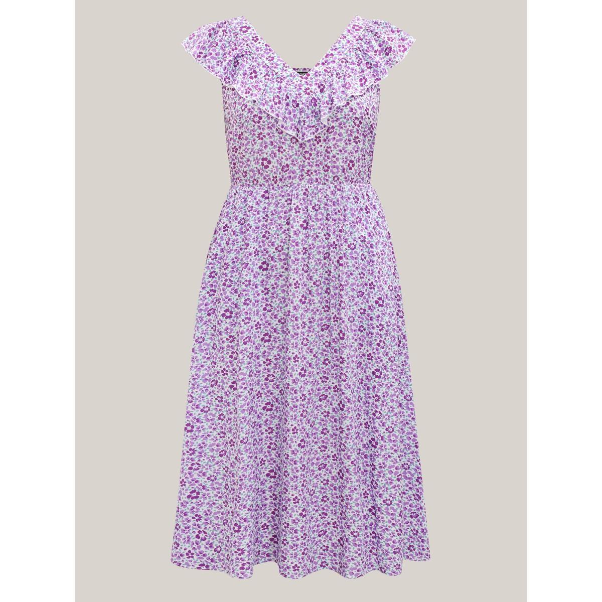 Plus Size Soft Floral Print Pockets Ruffled Midi Dress BlueViolet Women V-neck Cap Sleeve Curvy BloomChic 30/6X Product Image
