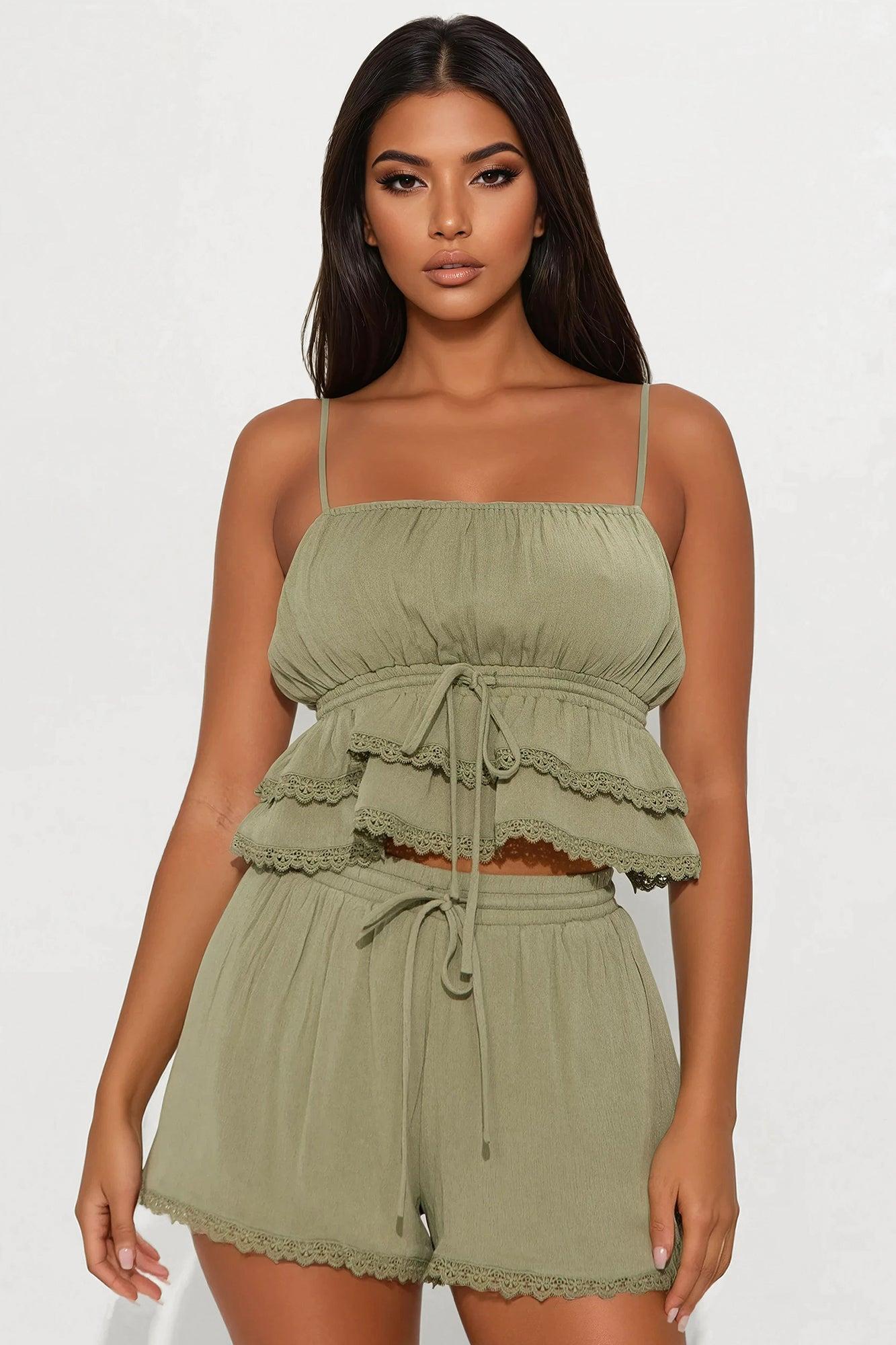 Annabelle Lace Trim Short Set - Olive Product Image