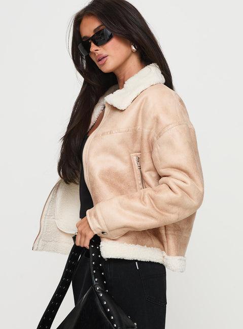 Solara Faux Leather Shearling Jacket Beige Product Image